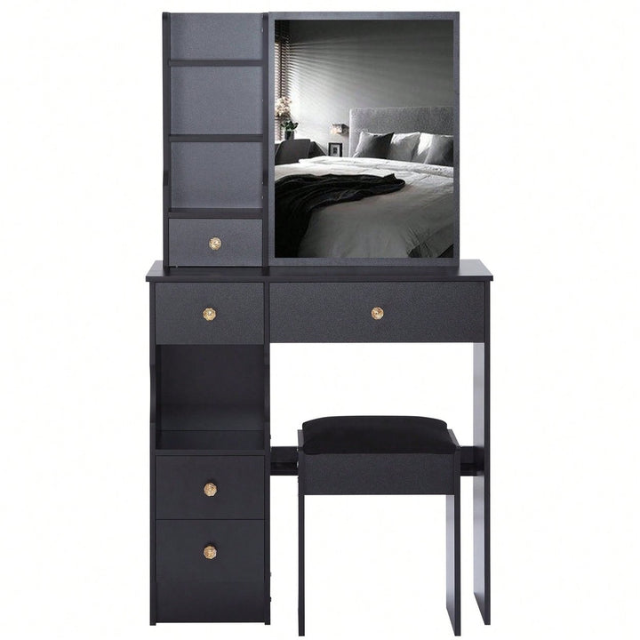 Compact Vanity Table Set with Cushioned Stool and Oversized Mirror for Small Spaces Multi-Layer Storage Certified Image 1