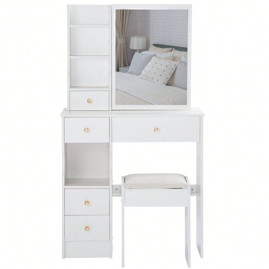 Compact Vanity Table Set with Cushioned Stool and Oversized Mirror for Small Spaces Multi-Layer Storage Certified Image 2