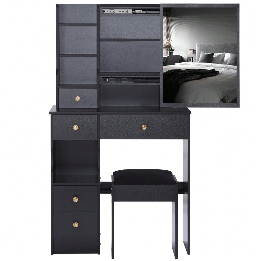 Compact Vanity Table Set with Cushioned Stool and Oversized Mirror for Small Spaces Multi-Layer Storage Certified Image 3