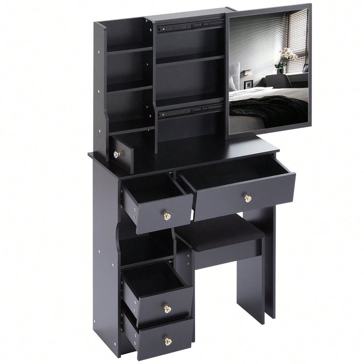 Compact Vanity Table Set with Cushioned Stool and Oversized Mirror for Small Spaces Multi-Layer Storage Certified Image 6