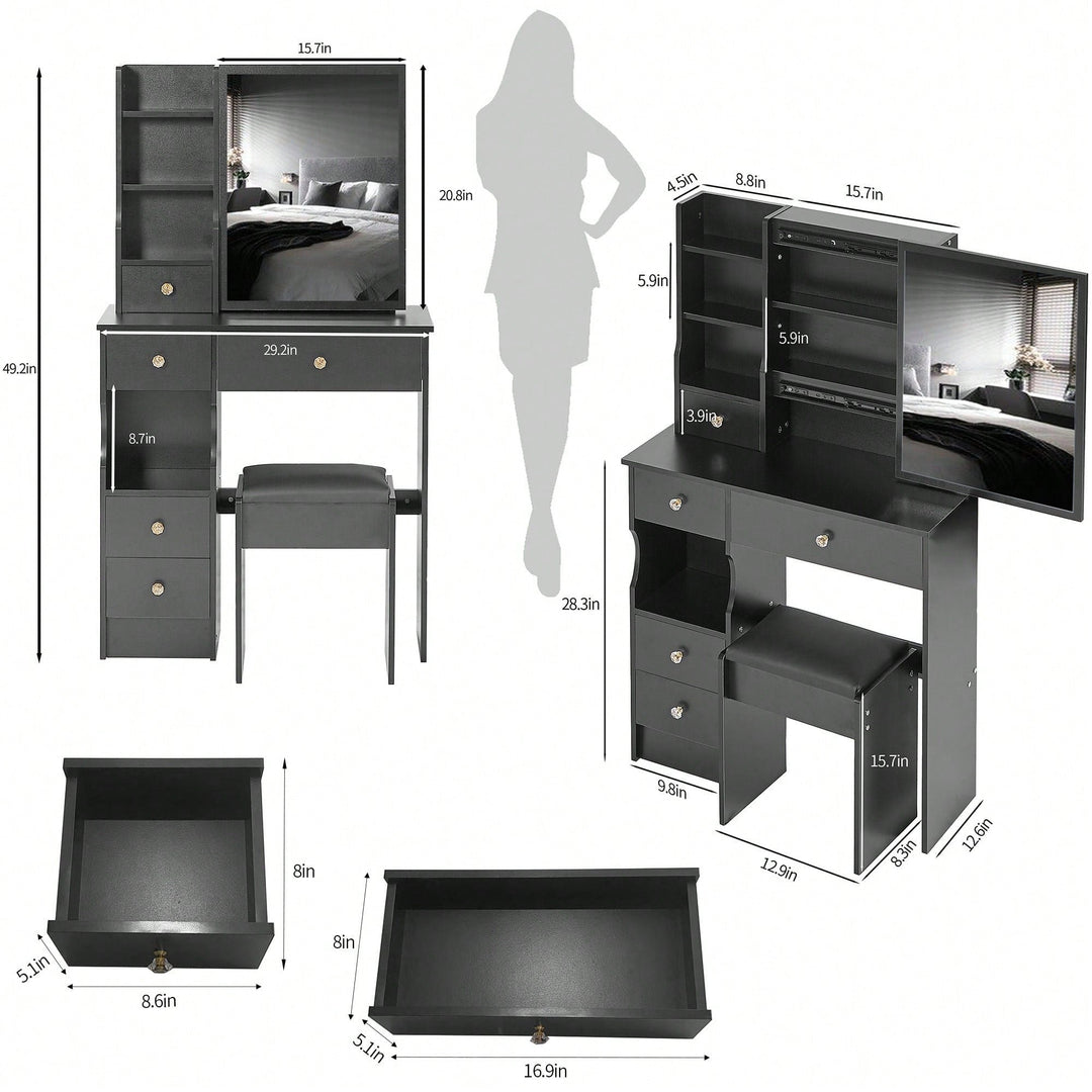 Compact Vanity Table Set with Cushioned Stool and Oversized Mirror for Small Spaces Multi-Layer Storage Certified Image 7