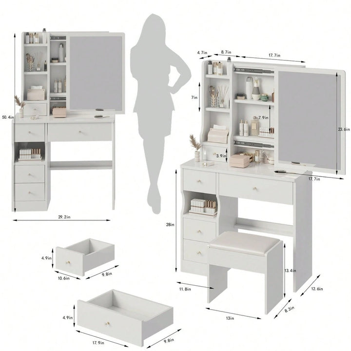 Compact Vanity Table with Cushioned Stool and Large Sliding Mirror for Girls Up to 5.6ft Tall Image 12