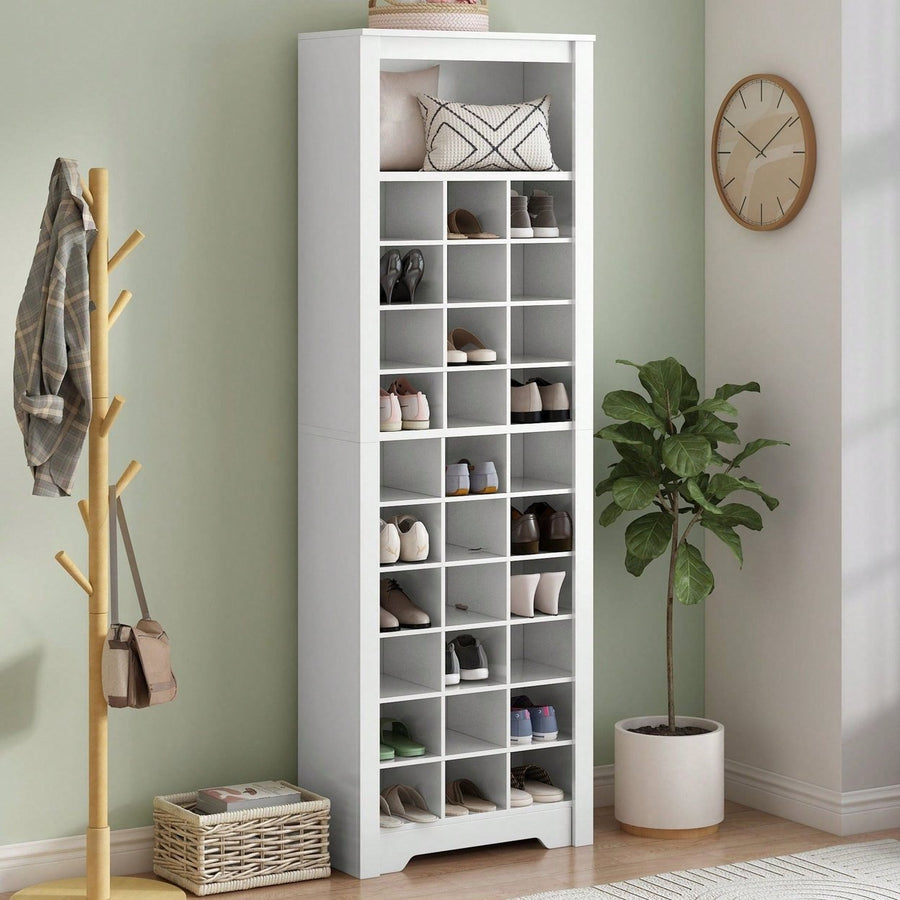 Contemporary 30 Shoe Cubby Console Tall Storage Cabinet for Hallway and Bedroom White Image 1