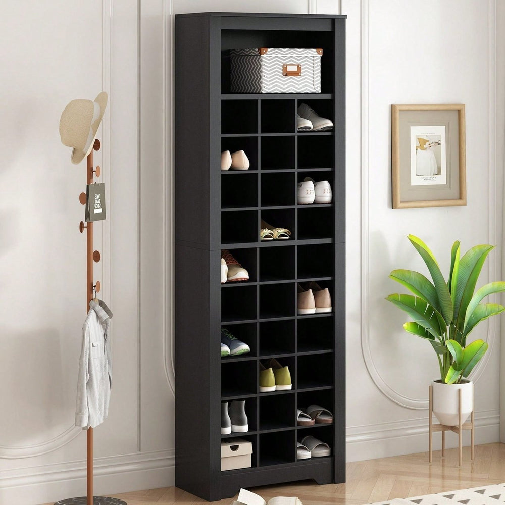 Contemporary 30 Shoe Cubby Console Tall Storage Cabinet for Hallway and Bedroom White Image 2