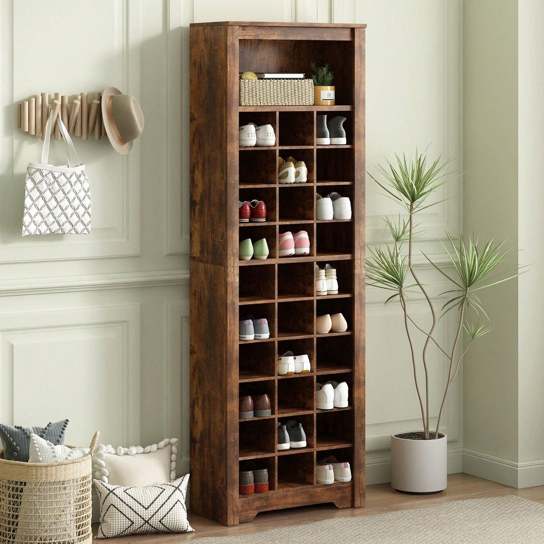 Contemporary 30 Shoe Cubby Console Tall Storage Cabinet for Hallway and Bedroom White Image 3