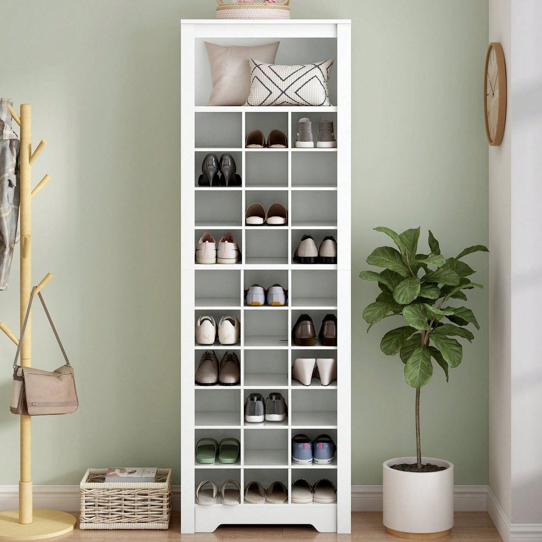 Contemporary 30 Shoe Cubby Console Tall Storage Cabinet for Hallway and Bedroom White Image 4