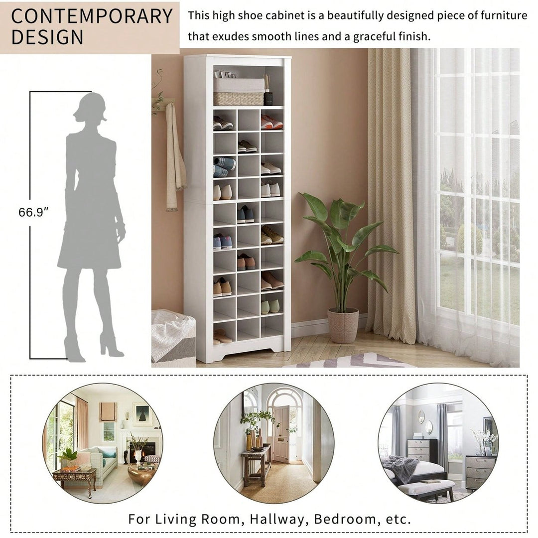 Contemporary 30 Shoe Cubby Console Tall Storage Cabinet for Hallway and Bedroom White Image 5