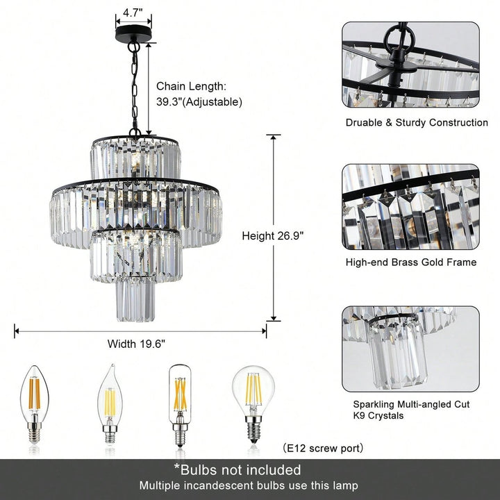 Elegant Black Crystal Chandelier Modern Pendant Light Fixture for Dining Room Bedroom Living Room 19.7 Inch Adjustable Image 4