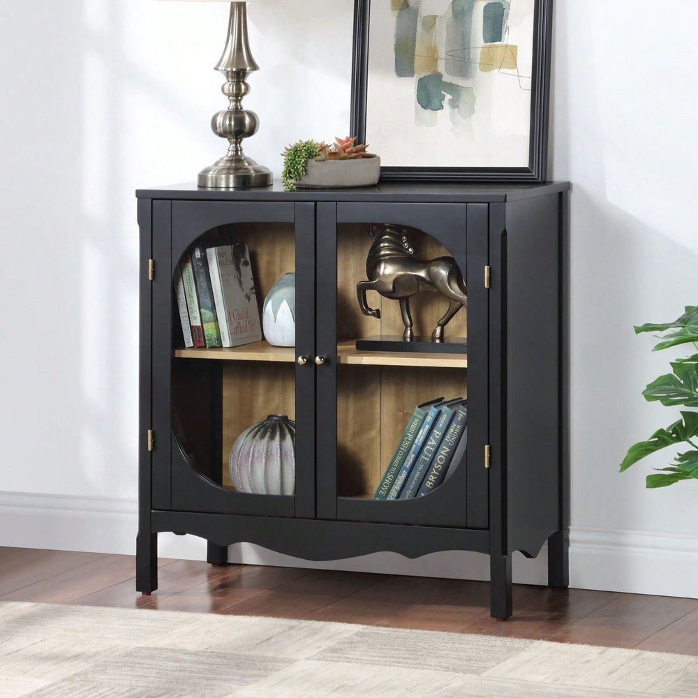 Elegant Black Storage Cabinet with Glass Doors and Adjustable Shelves for Home Office Living Room Bedroom Image 2