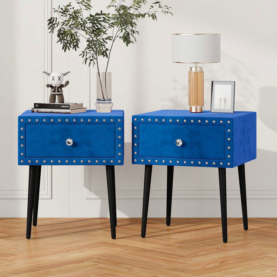 Elegant Blue Velvet Modern Nightstands Set Of 2 With Drawer And Crystal Handle - Stylish Storage For Bedroom Image 1