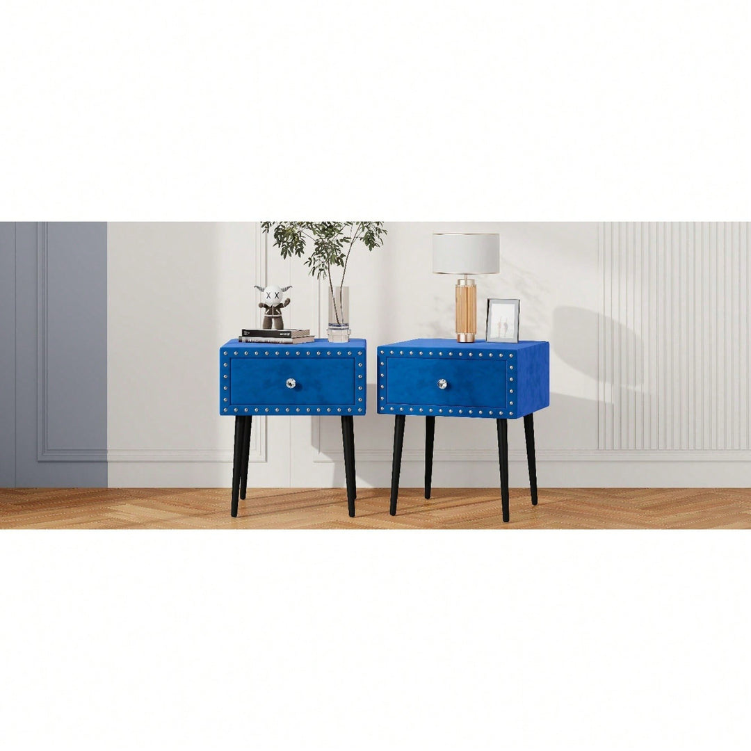 Elegant Blue Velvet Modern Nightstands Set Of 2 With Drawer And Crystal Handle - Stylish Storage For Bedroom Image 2