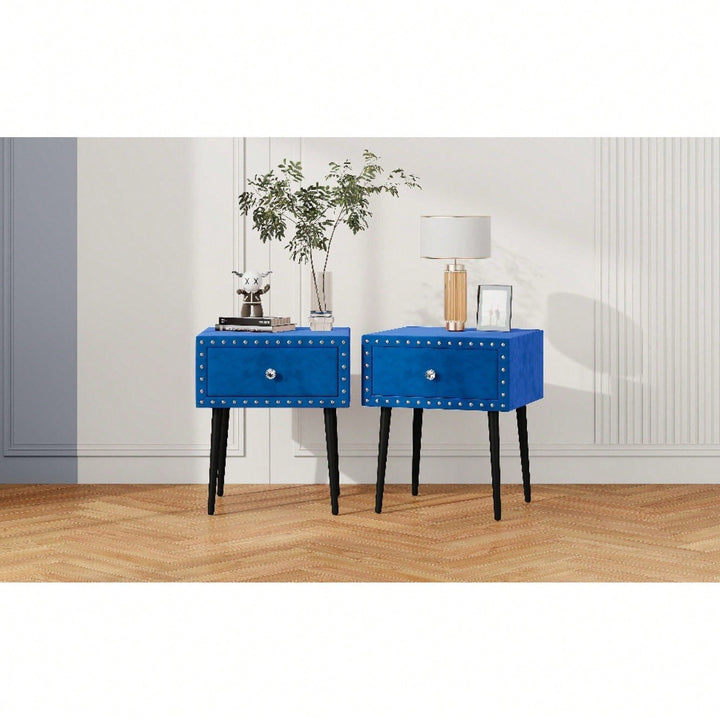 Elegant Blue Velvet Modern Nightstands Set Of 2 With Drawer And Crystal Handle - Stylish Storage For Bedroom Image 3