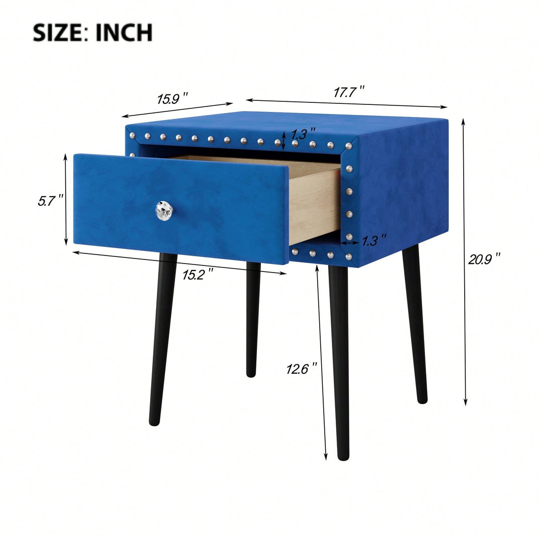 Elegant Blue Velvet Modern Nightstands Set Of 2 With Drawer And Crystal Handle - Stylish Storage For Bedroom Image 4