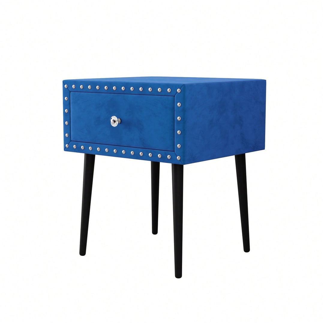 Elegant Blue Velvet Modern Nightstands Set Of 2 With Drawer And Crystal Handle - Stylish Storage For Bedroom Image 6