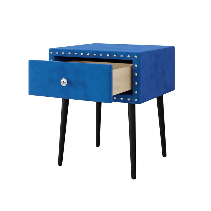 Elegant Blue Velvet Modern Nightstands Set Of 2 With Drawer And Crystal Handle - Stylish Storage For Bedroom Image 7