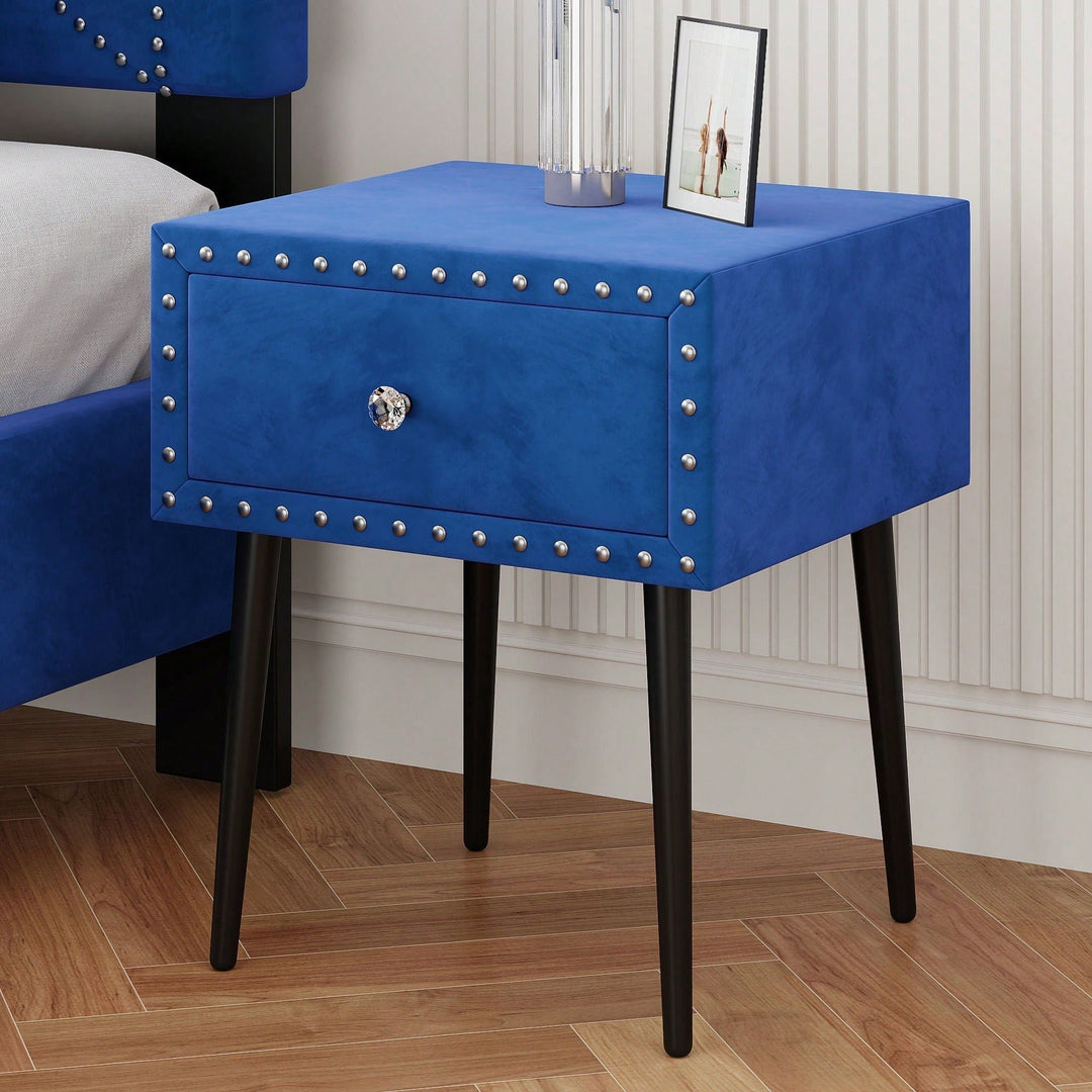 Elegant Blue Velvet Modern Nightstands Set Of 2 With Drawer And Crystal Handle - Stylish Storage For Bedroom Image 8