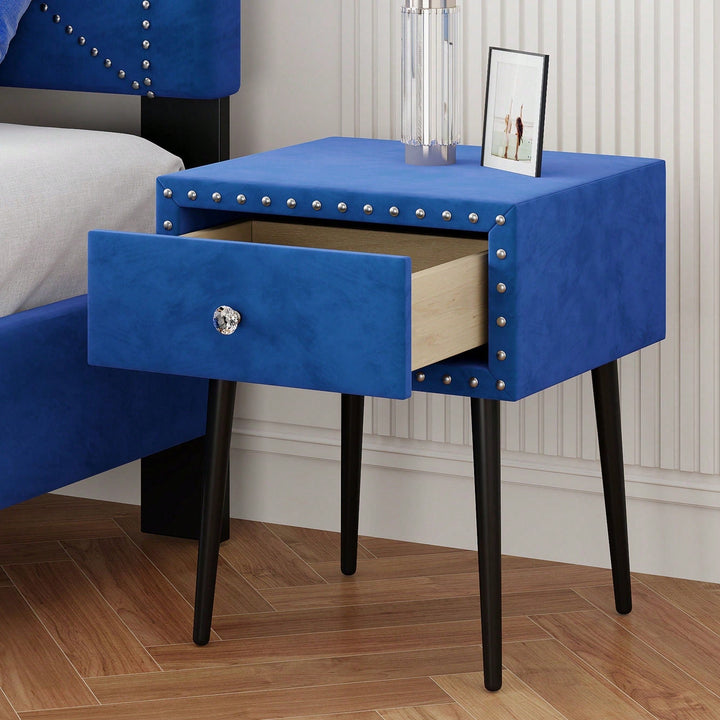 Elegant Blue Velvet Modern Nightstands Set Of 2 With Drawer And Crystal Handle - Stylish Storage For Bedroom Image 9