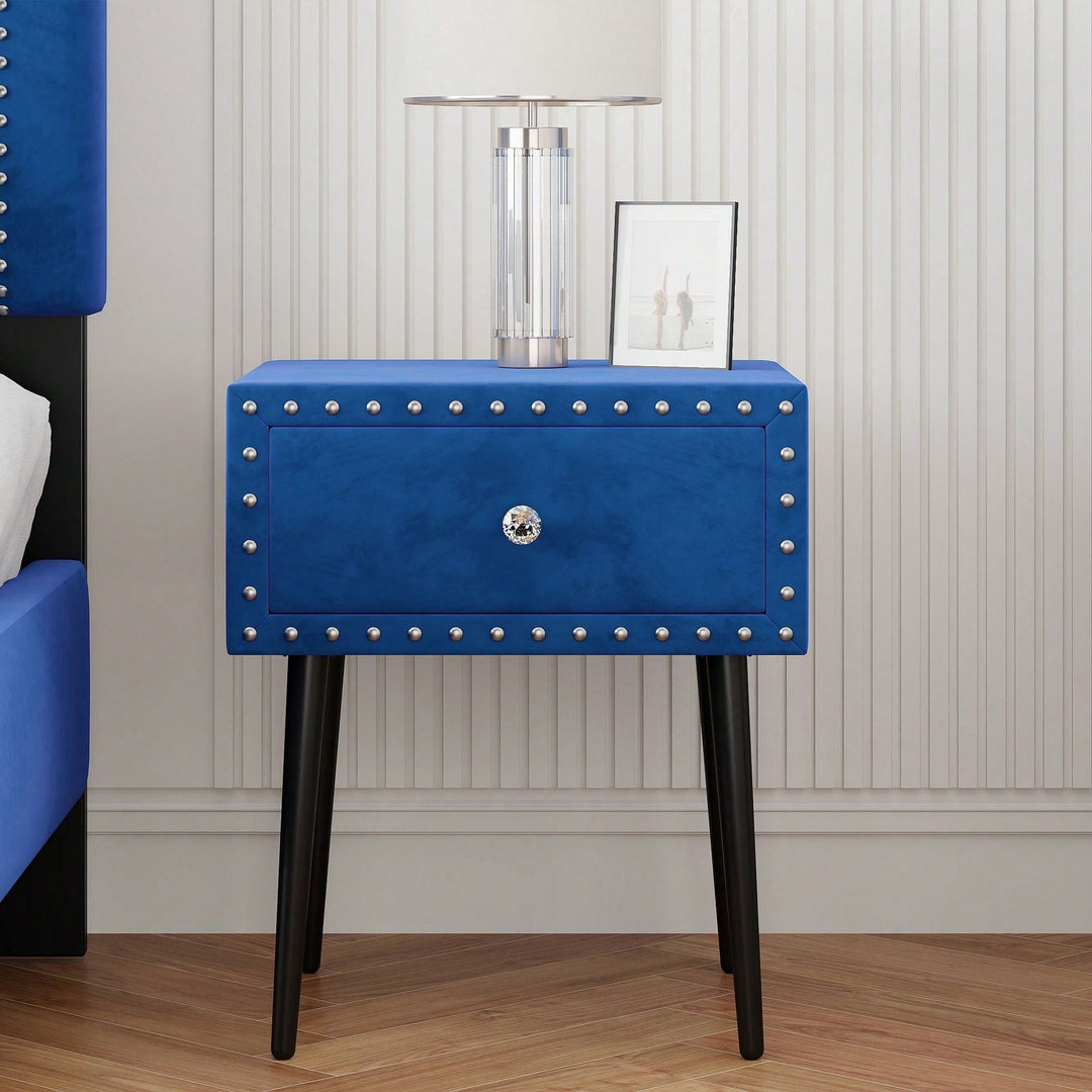 Elegant Blue Velvet Modern Nightstands Set Of 2 With Drawer And Crystal Handle - Stylish Storage For Bedroom Image 10