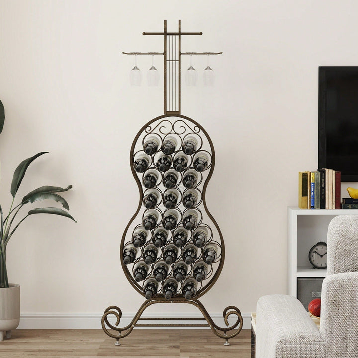 Elegant Cello-Shaped Freestanding Wine Rack With Bottle Storage, Ideal Home Bar Organizer For Kitchen And Dining Room Image 2