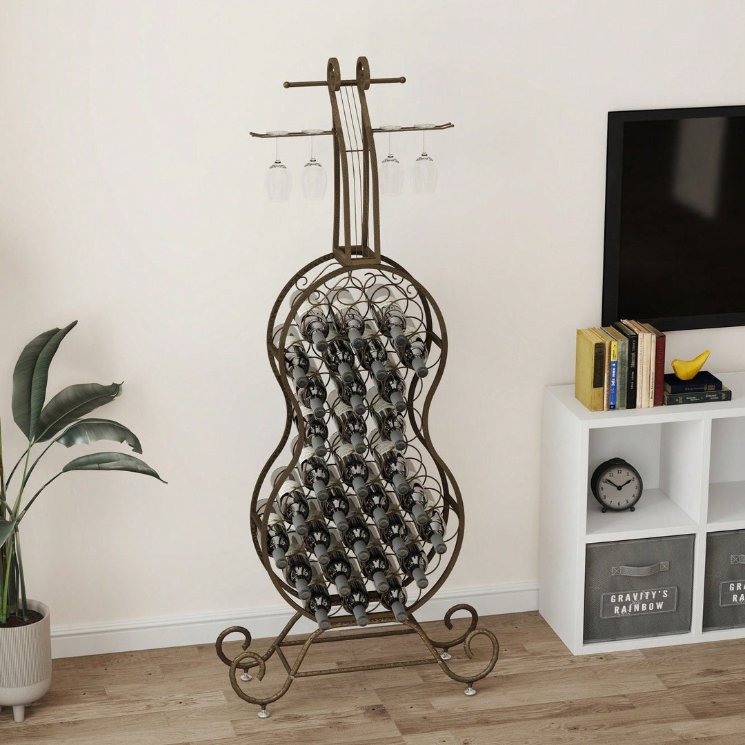 Elegant Cello-Shaped Freestanding Wine Rack With Bottle Storage, Ideal Home Bar Organizer For Kitchen And Dining Room Image 3