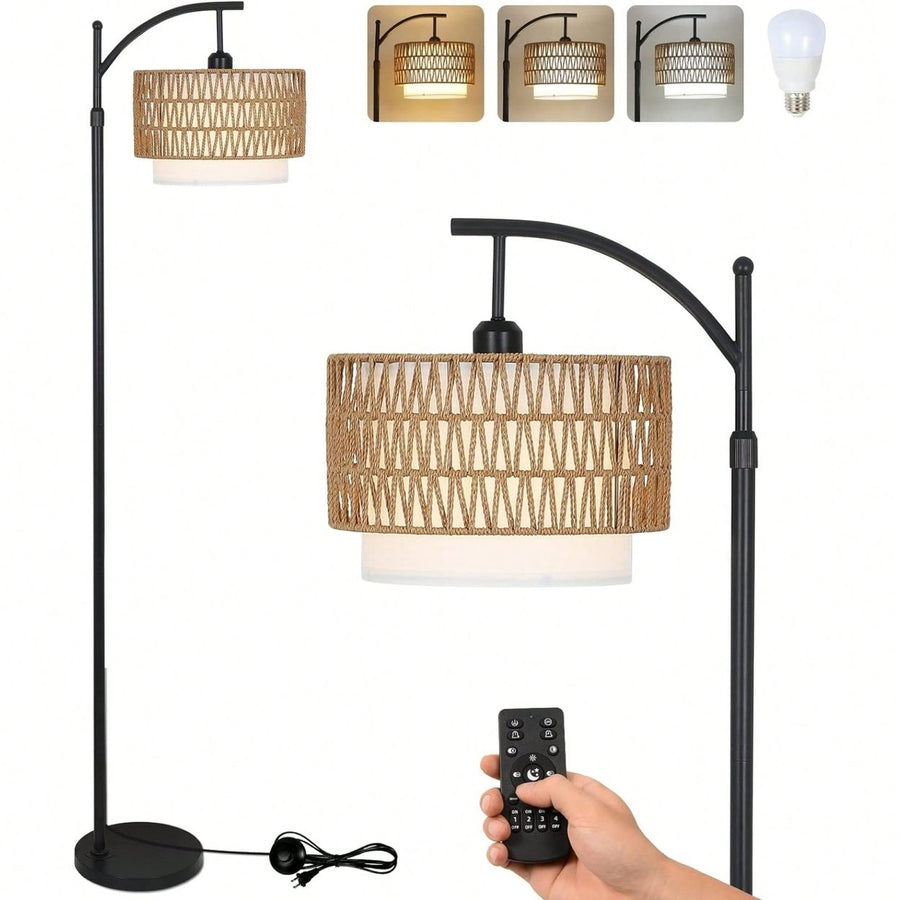 Dimmable Gold Arc Floor Lamp with Remote Adjustable Rattan Fabric Shades 3 Color Temperatures for Living Room Image 1