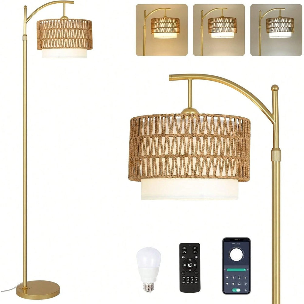 Dimmable Gold Arc Floor Lamp with Remote Adjustable Rattan Fabric Shades 3 Color Temperatures for Living Room Image 2