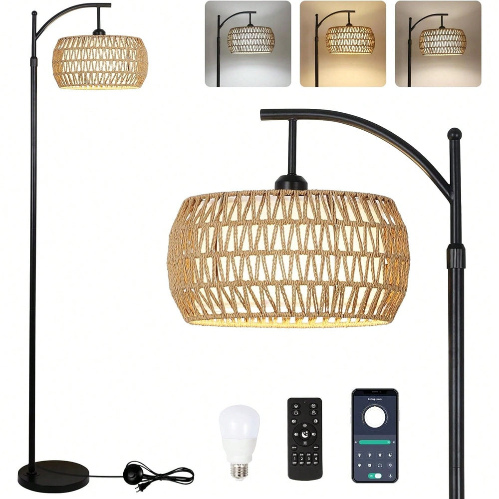 Dimmable LED Arc Floor Lamp with Remote 3 Color Temperatures Stylish Black Rattan Fabric Shade for Boho Farmhouse Living Image 2