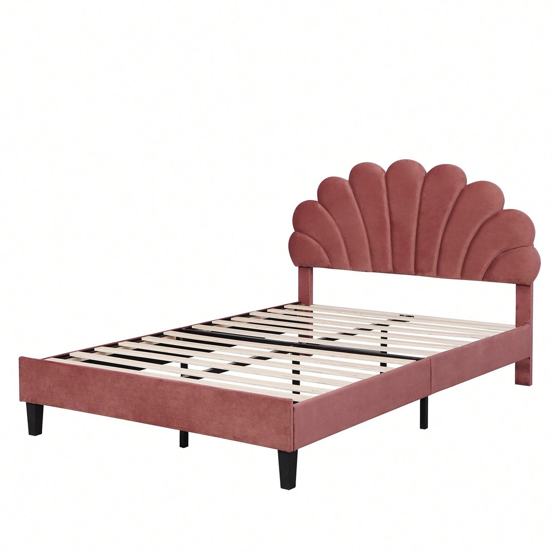 Elegant Full Size Velvet Platform Bed With Floral Pattern Headboard In Bean Paste Red Image 2