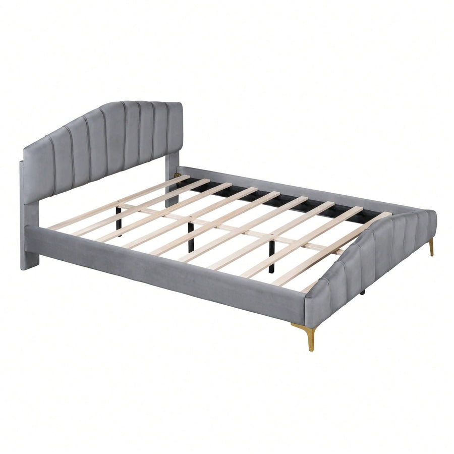 Elegant Velvet Queen Platform Bed with Striped Headboard and Sturdy Metal Legs for Stylish Image 1