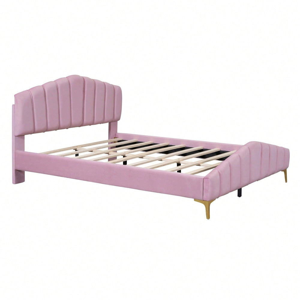 Elegant Velvet Queen Platform Bed with Striped Headboard and Sturdy Metal Legs for Stylish Image 2