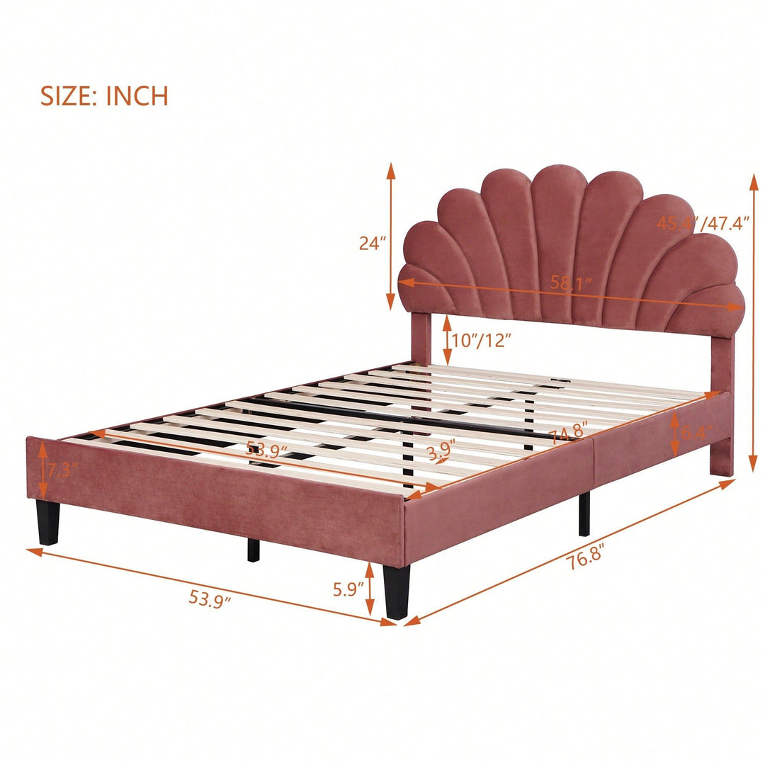 Elegant Full Size Velvet Platform Bed With Floral Pattern Headboard In Bean Paste Red Image 6