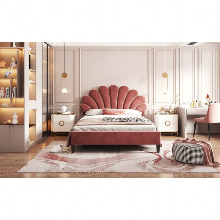 Elegant Full Size Velvet Platform Bed With Floral Pattern Headboard In Bean Paste Red Image 7