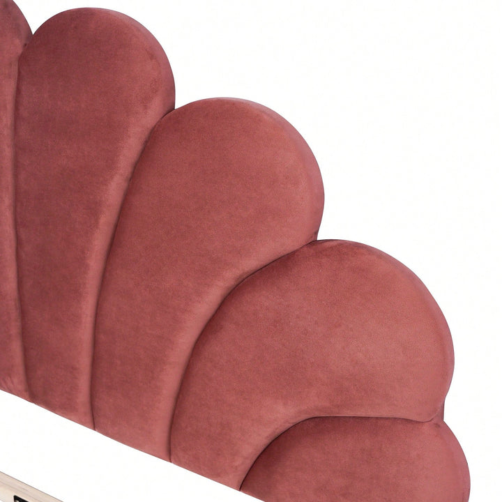 Elegant Full Size Velvet Platform Bed With Floral Pattern Headboard In Bean Paste Red Image 8