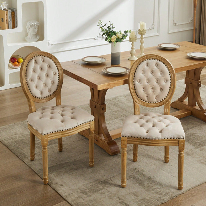 Elegant Vintage Solid Wood Frame Dining Chairs With Velvet Upholstery And Nailhead Trim - Set Of 2 In Beige Image 2