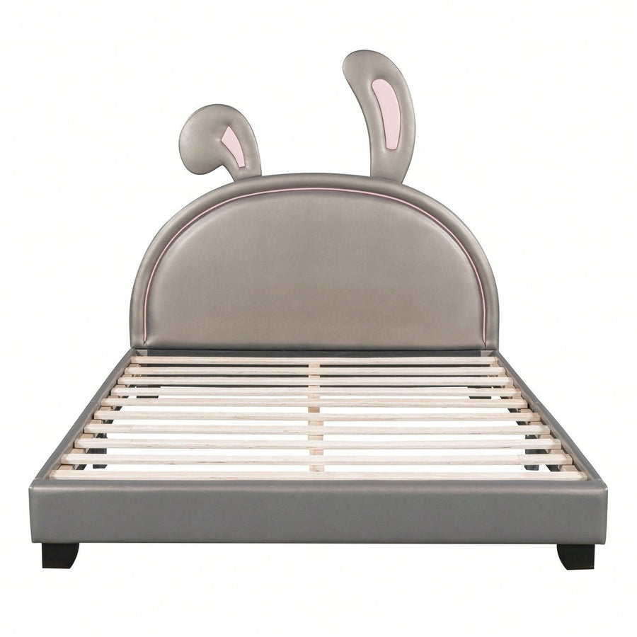 Elegant White Upholstered Leather Platform Bed With Rabbit Accent Image 1