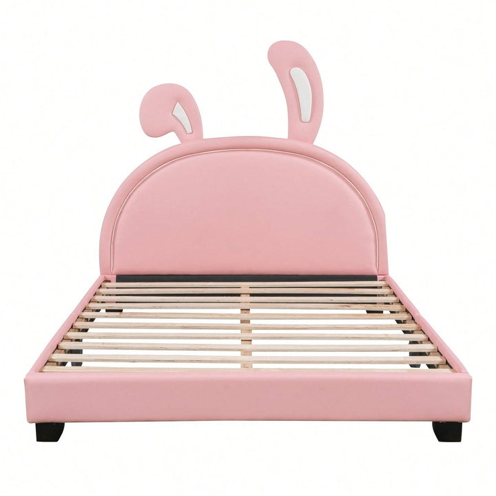 Elegant White Upholstered Leather Platform Bed With Rabbit Accent Image 3