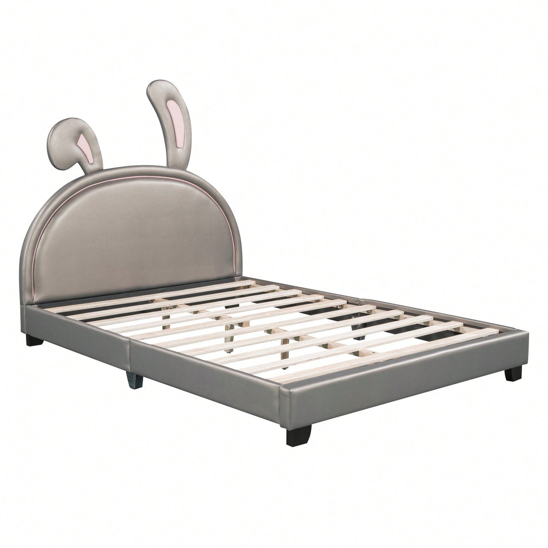 Elegant White Upholstered Leather Platform Bed With Rabbit Accent Image 4