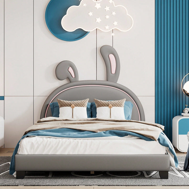 Elegant White Upholstered Leather Platform Bed With Rabbit Accent Image 7