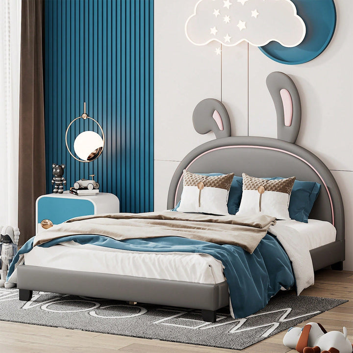 Elegant White Upholstered Leather Platform Bed With Rabbit Accent Image 8