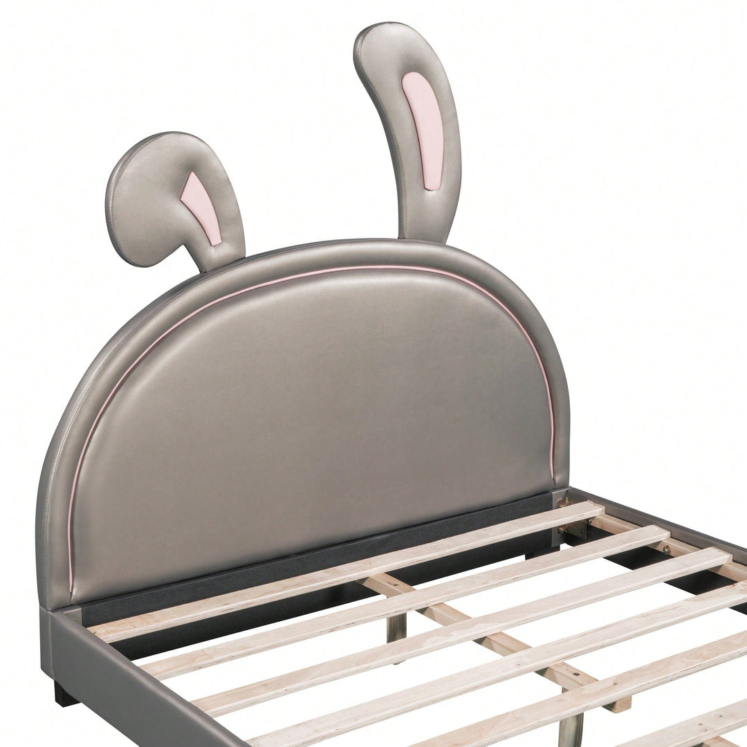 Elegant White Upholstered Leather Platform Bed With Rabbit Accent Image 9