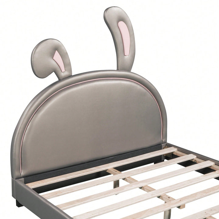 Elegant White Upholstered Leather Platform Bed With Rabbit Accent Image 9