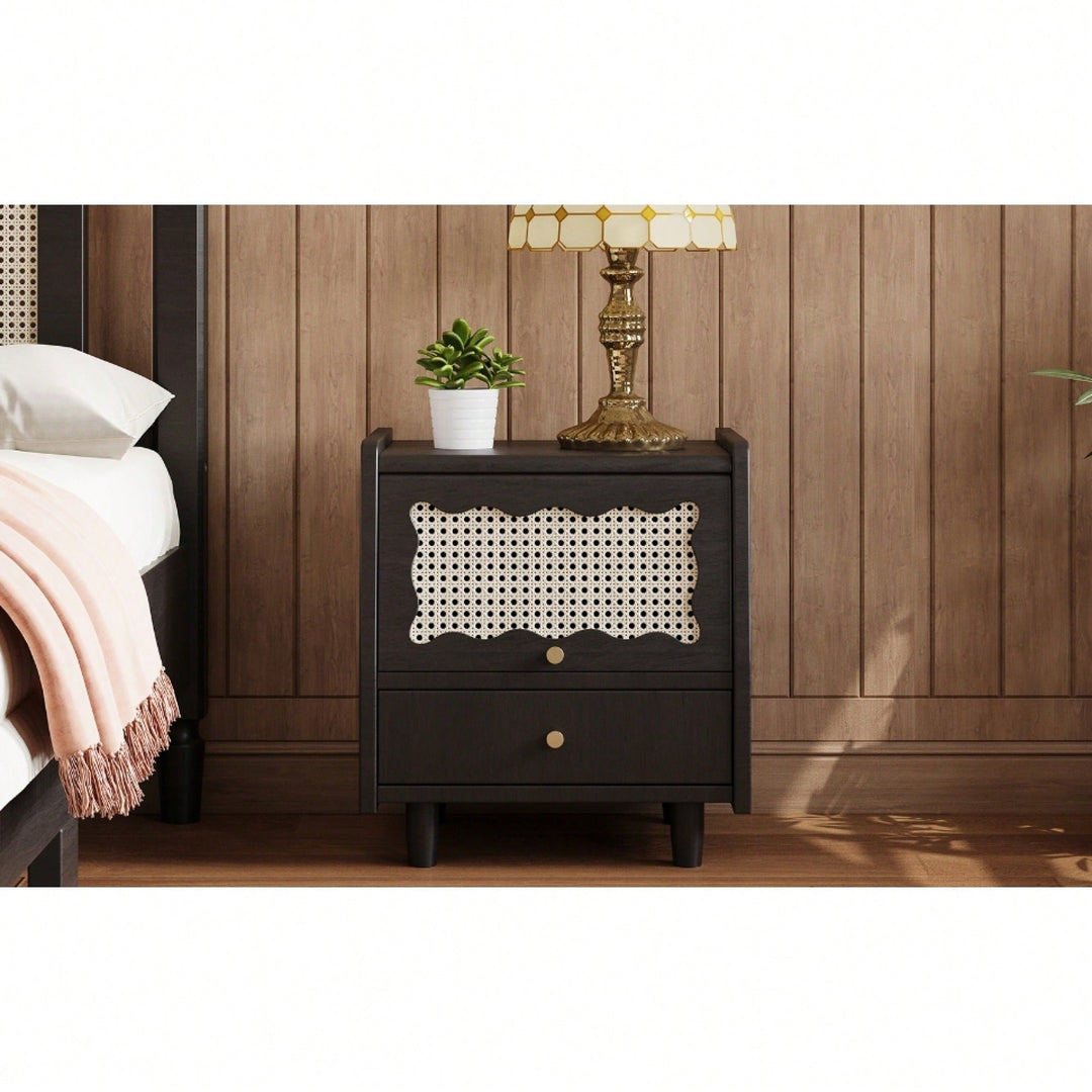 Elegant Wooden Nightstand With Rattan Storage Cabinet And Drawer For Natural Bedroom Organization In Walnut Finish Image 10