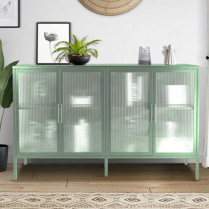 Elegant Light Green 4-Door Tempered Glass Cabinet With Adjustable Shelves And Anti-Tip Feet For Dust-Free Kitchen Image 6