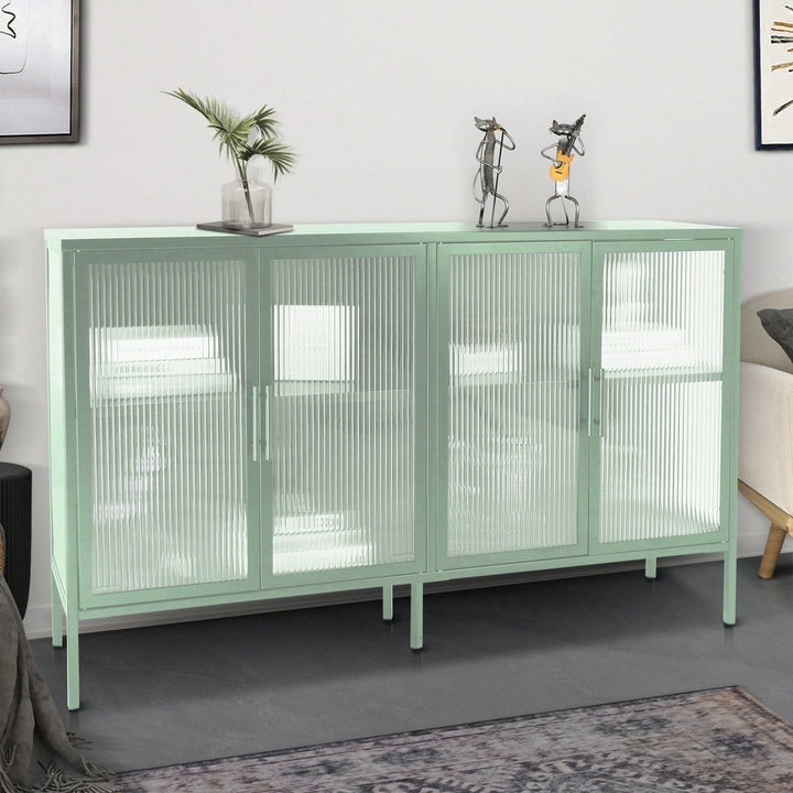 Elegant Light Green 4-Door Tempered Glass Cabinet With Adjustable Shelves And Anti-Tip Feet For Dust-Free Kitchen Image 7