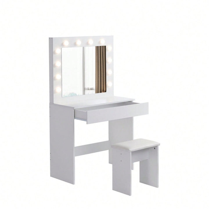 Elegant Lighted Vanity Table with Drawer and Upholstered Stool 12 Adjustable Bulbs Space Saving Design for Makeup Image 2