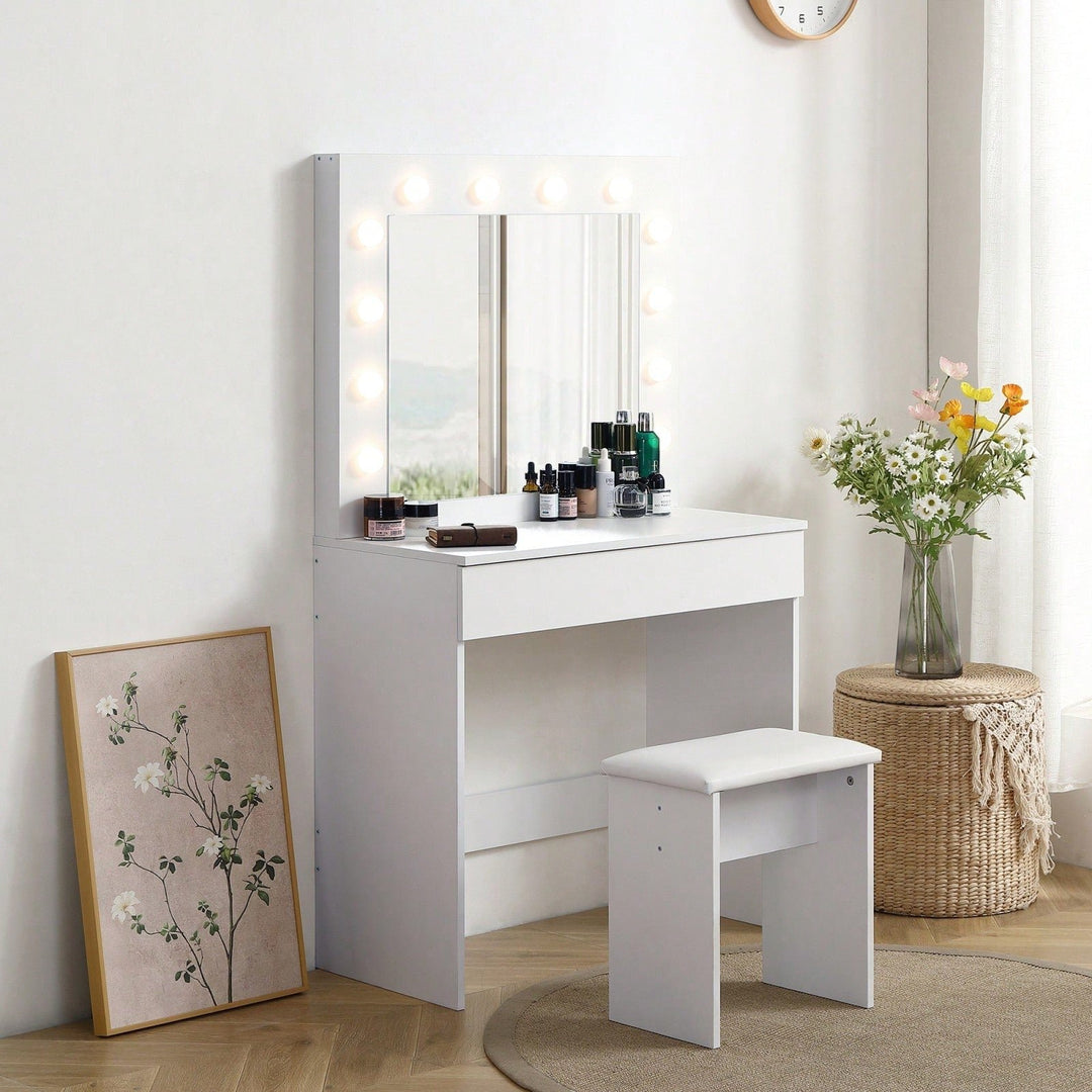 Elegant Lighted Vanity Table with Drawer and Upholstered Stool 12 Adjustable Bulbs Space Saving Design for Makeup Image 6