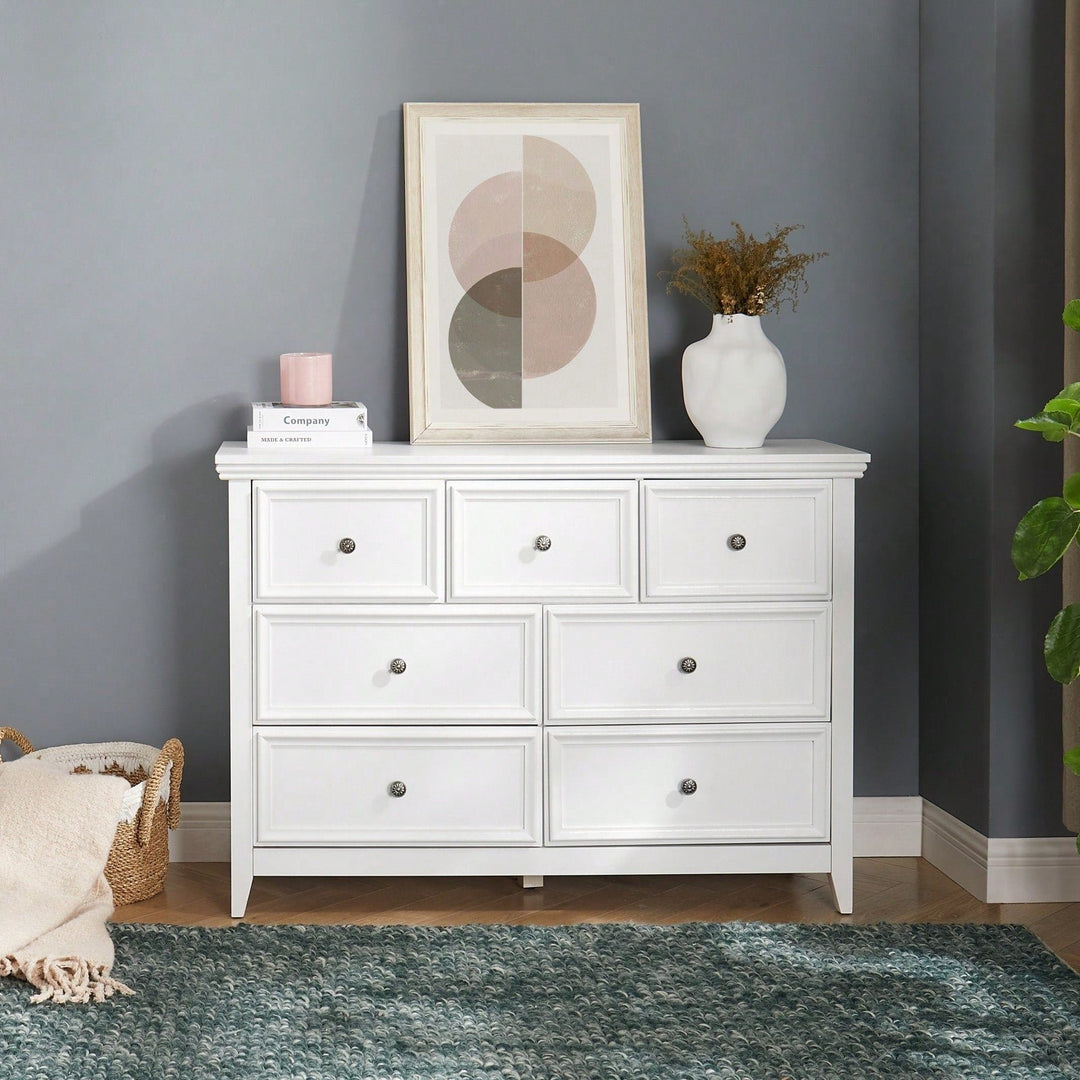 Farmhouse 7 Drawer Dresser for Bedroom and Closet Storage with Smooth Glide Drawers and Metal Handles 47 Inch White Image 1