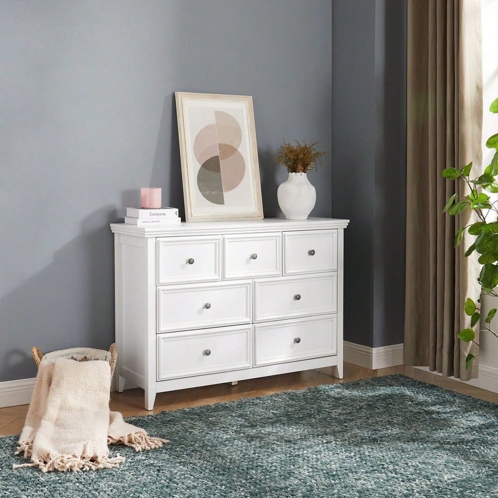 Farmhouse 7 Drawer Dresser for Bedroom and Closet Storage with Smooth Glide Drawers and Metal Handles 47 Inch White Image 2