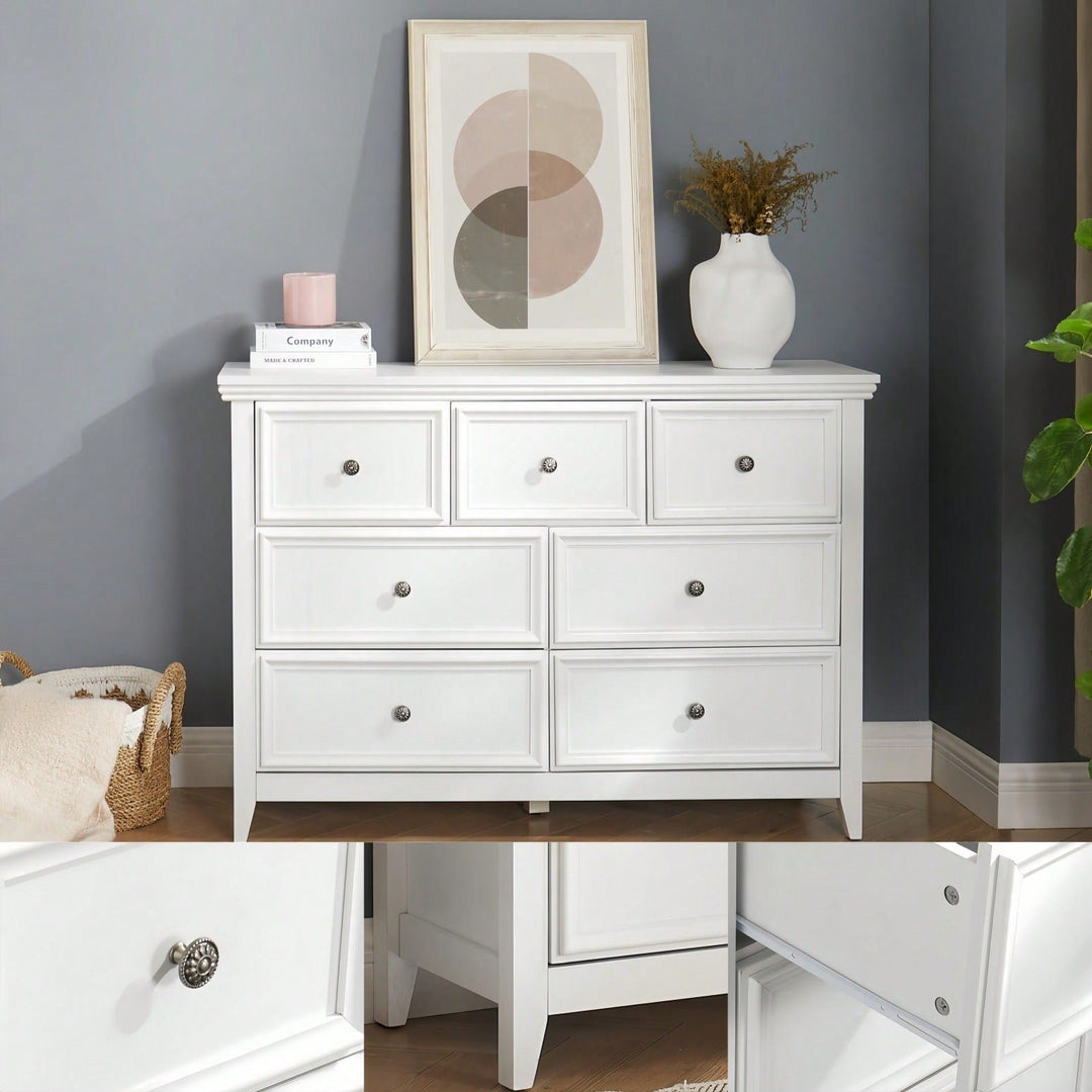 Farmhouse 7 Drawer Dresser for Bedroom and Closet Storage with Smooth Glide Drawers and Metal Handles 47 Inch White Image 7