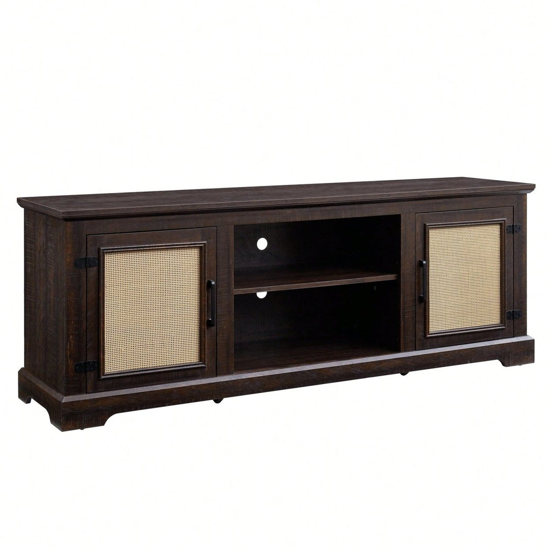 Farmhouse Rattan TV Stand Console Table For TVs Up To 70 Inches With Storage Shelves And Rattan Door Cabinets Image 1